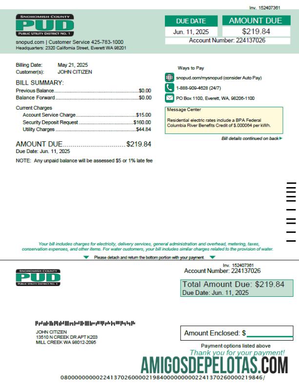 imprimível Modelo de conta de serviços públicos PUD do condado de Snohomish dos EUA em formatos Word e PDF